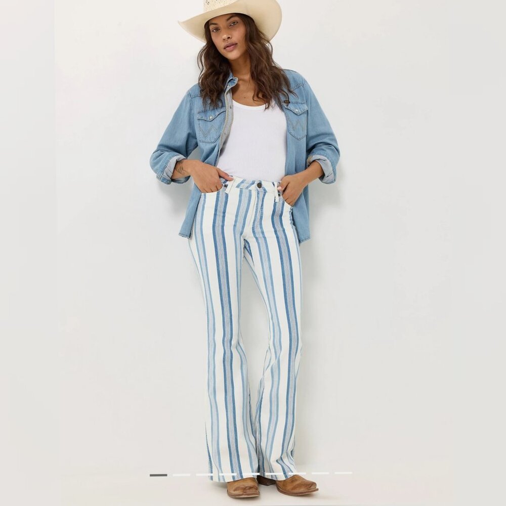 Wrangler Retro Bailey High Rise Flare Striped Jeans Blue White Denim Womens 9/10